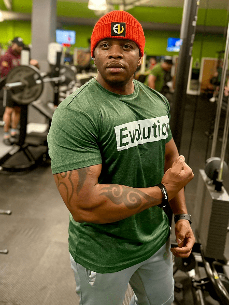EV Clothing green Evolution T-shirt with bold logo in gym