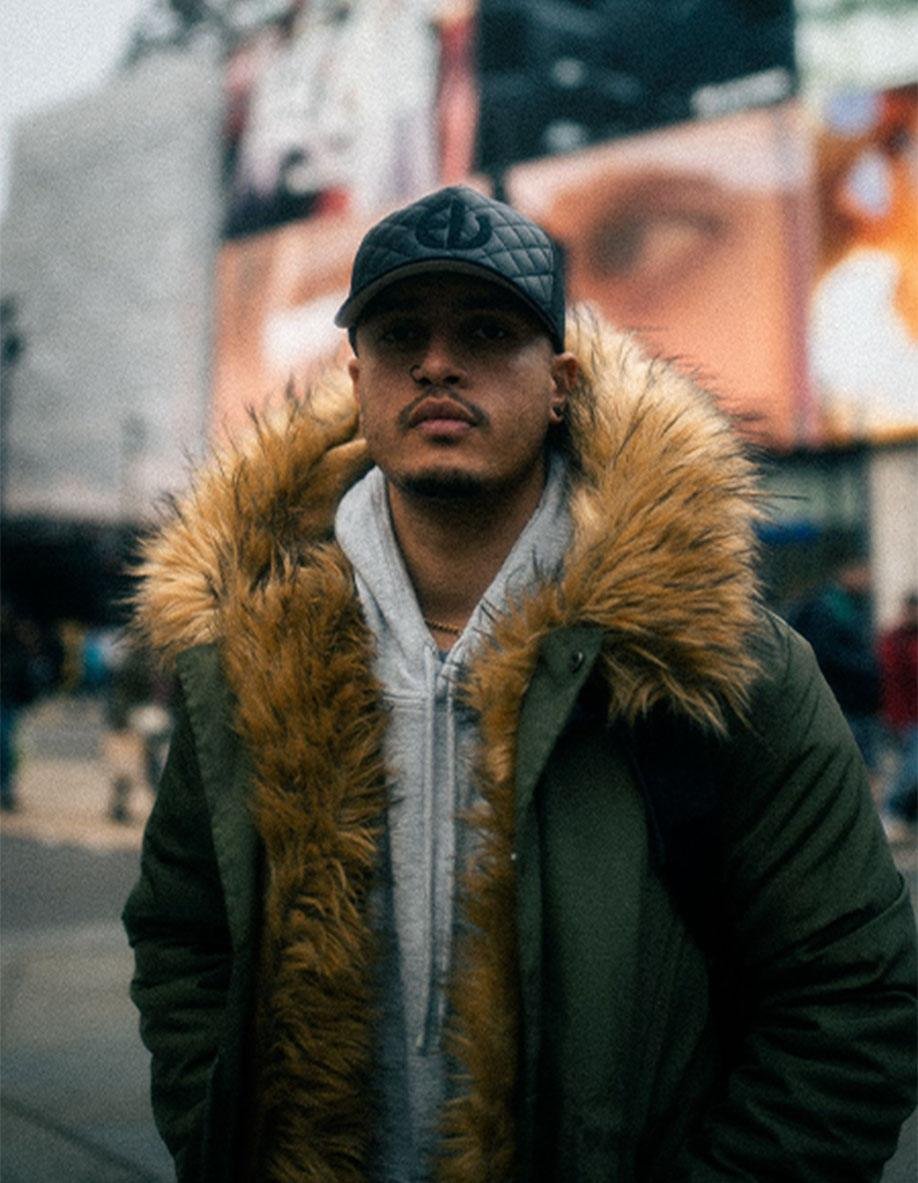 EV Clothing fur hood parka coat styled in streetwear look EV Dark Mode Cap