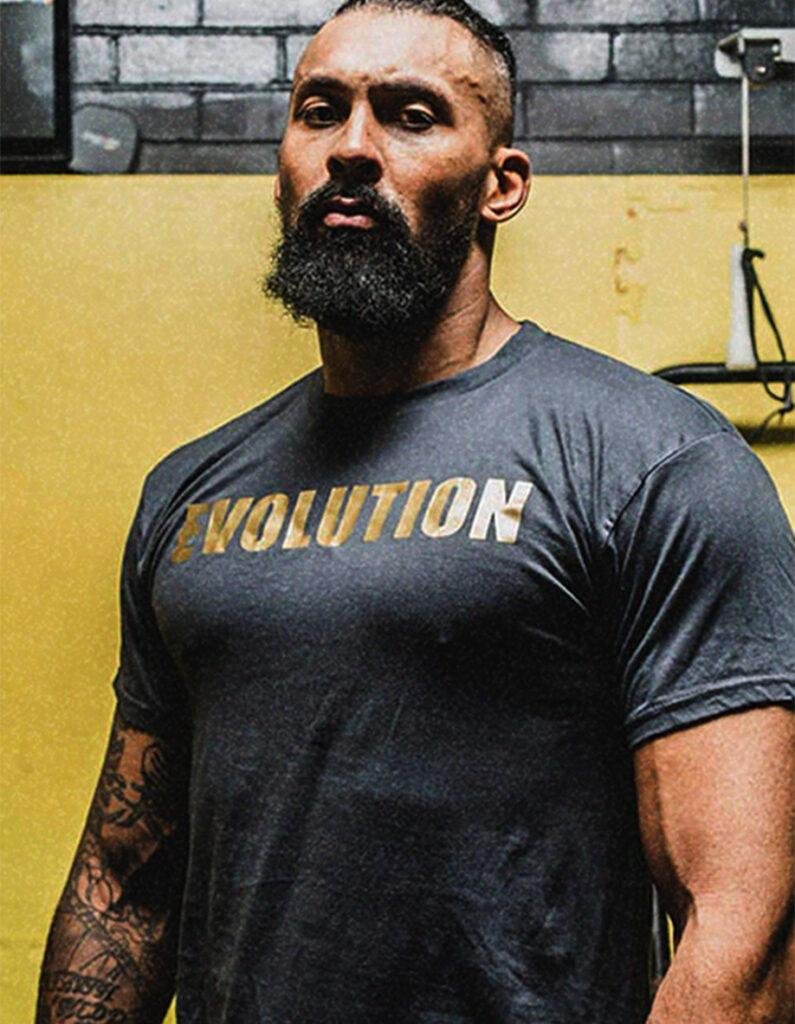 EV Evolution Gym T-Shirt – Shiny Print Logo EV Clothing black Evolution T-shirt with bold gold logo