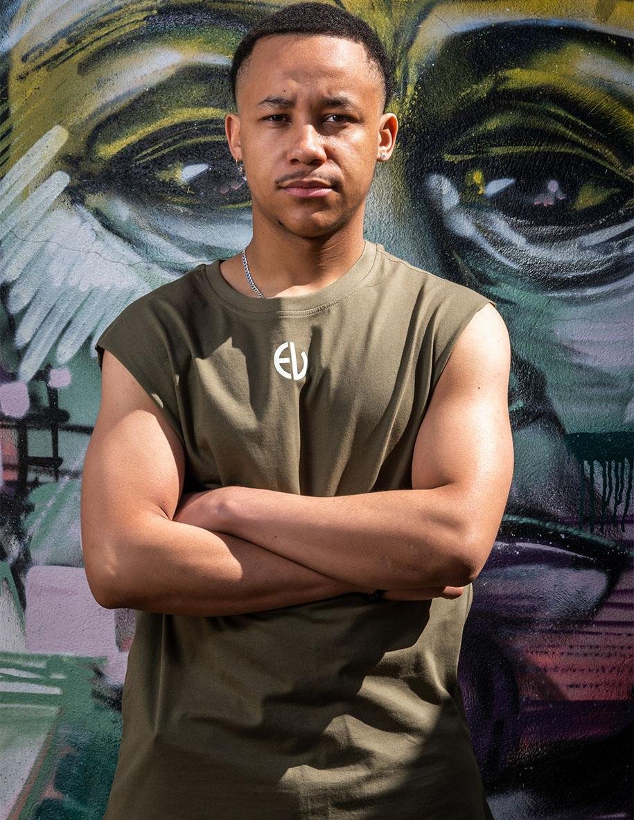 EV Clothing khaki sleeveless T-shirt with embroidered logo