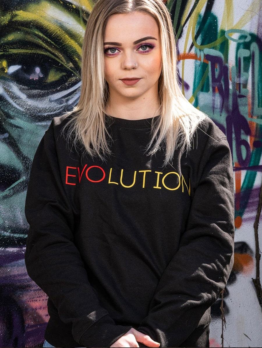 EV Clothing black jumper with multicolour Evolution logo